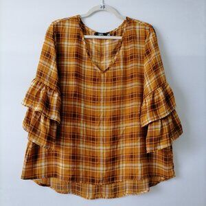 Cure Womens Multicolor Plaid Bell Sleeve V-Neck Pullover Blouse Top Size XL